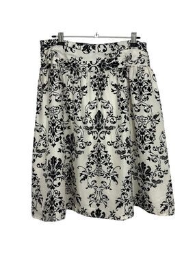 Anne Carson 100% Silk Floral Skirt Sz 4 White Black Damask Knee Length VGUC